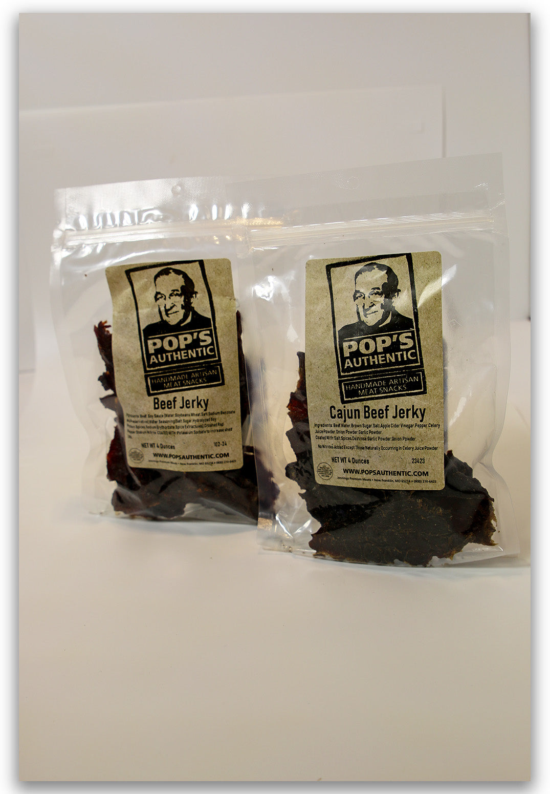 Two of Pop’s Authentic Jerky flavor packages 