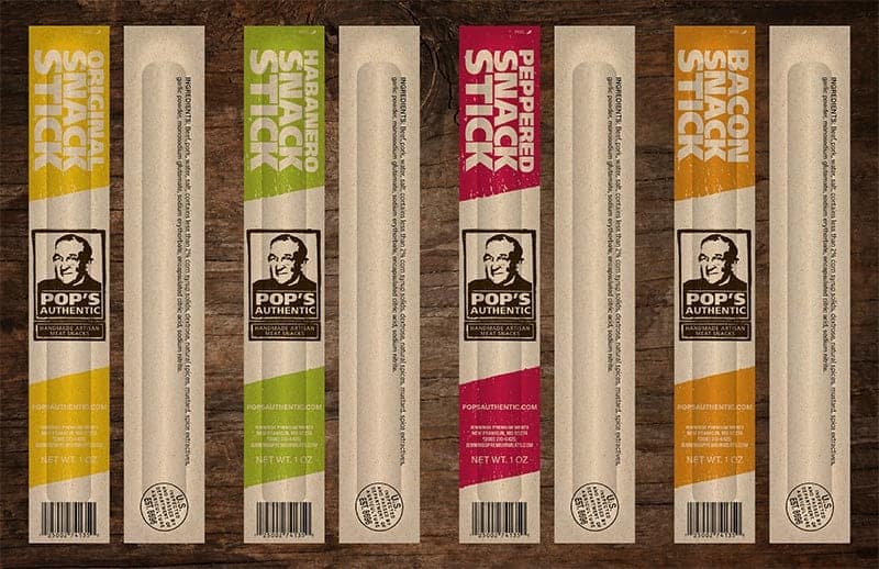 Four individually wrapped pairs of Pop’s Snack Sticks featuring the original, habanero, peppered, and bacon flavors.