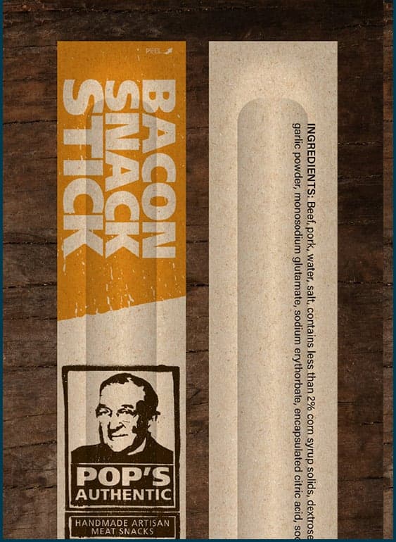 Close up of Bacon Snack Sticks individual packaging